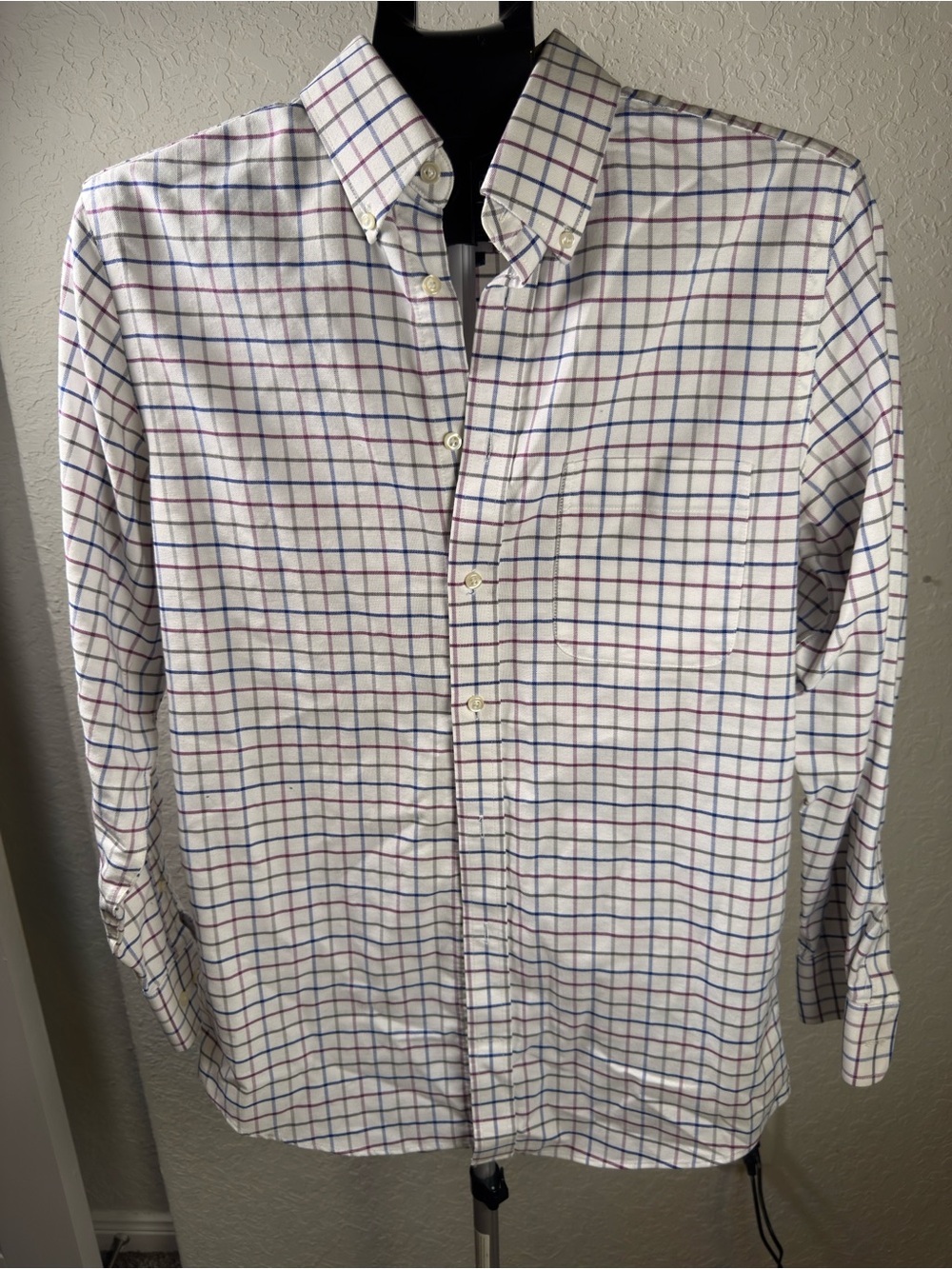 Safford Men’s 15 32/33 Button Down Dress Shirt White Blue Purple Plaid